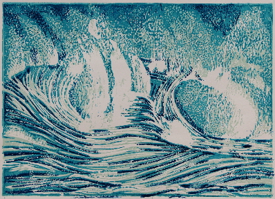 Heidrun Wettengl, Welle, (verlorener) Farbholzschnitt auf Papier, 29,7x42 cm, 2012