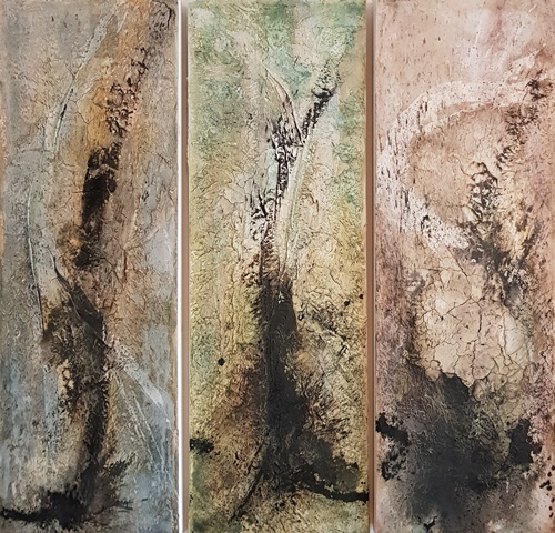 UTF-8''Triptychon der Verg�nglichkeit - Baumaterialien, Tusche & Pigmente auf Leinwand - 3 Bilder je 120 x 40 - 2019